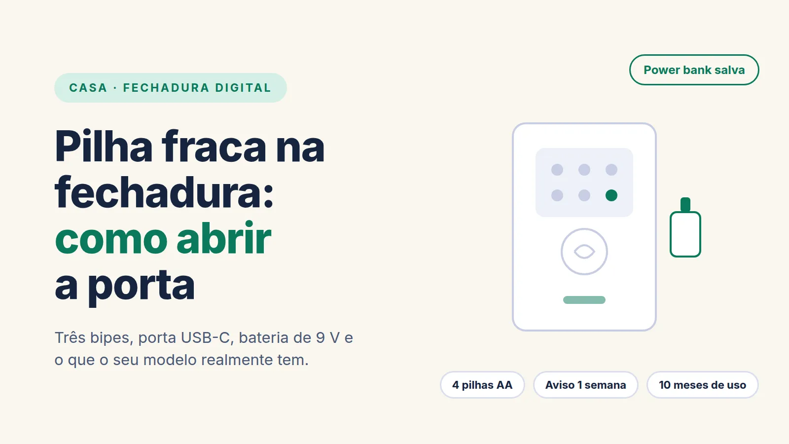 Ilustração de uma fechadura digital com teclado numérico e uma bateria de emergência ao lado