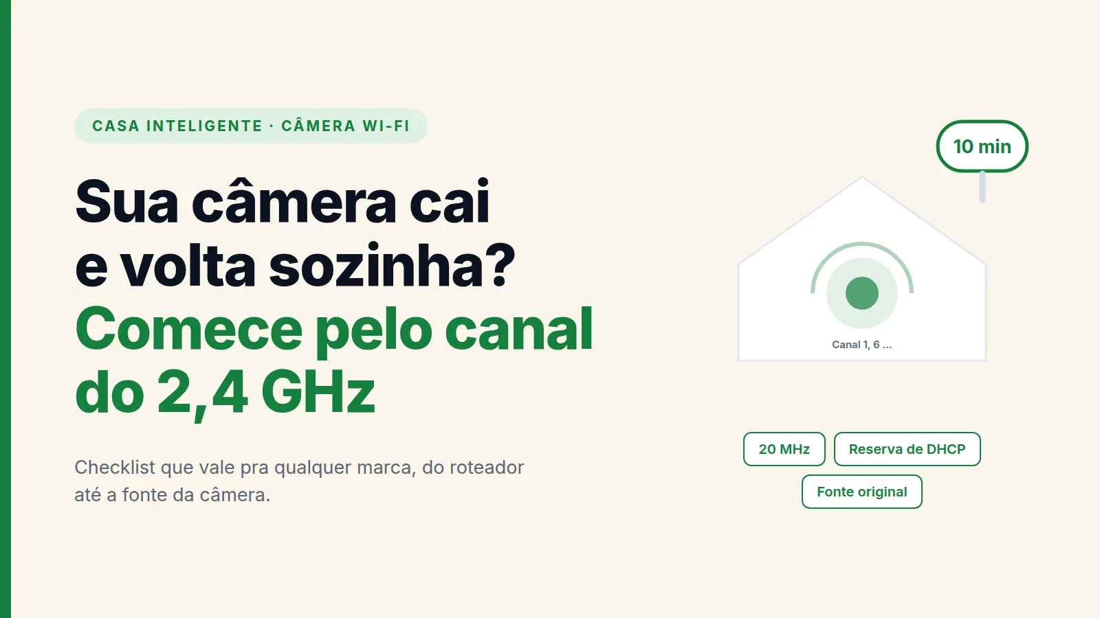 Capa com a chamada sobre câmera Wi-Fi que cai e volta sozinha, destacando o ajuste de canal do 2,4 GHz e o tempo de 10 minutos