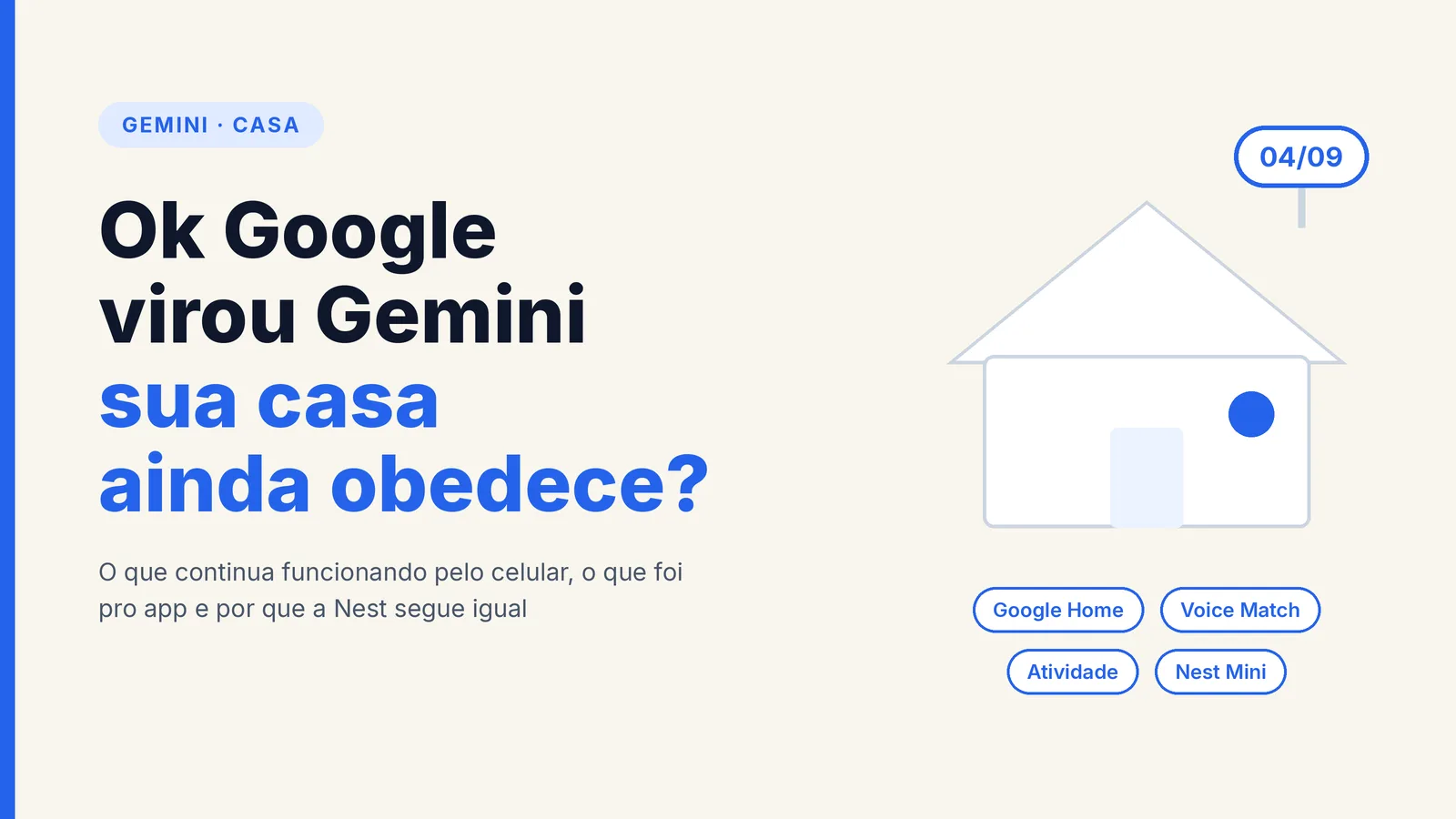 Capa com ícone de casa e o texto Ok Google virou Gemini, sua casa ainda obedece?, com os rótulos Google Home, Voice Match, Atividade e Nest Mini e o balão 04/09