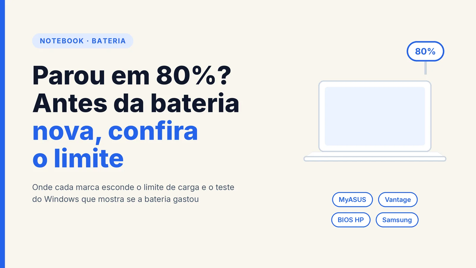 Capa com ilustração de um notebook e o texto Parou em 80%? Antes da bateria nova, confira o limite, com os rótulos MyASUS, Vantage, BIOS HP e Samsung e o balão 80%.