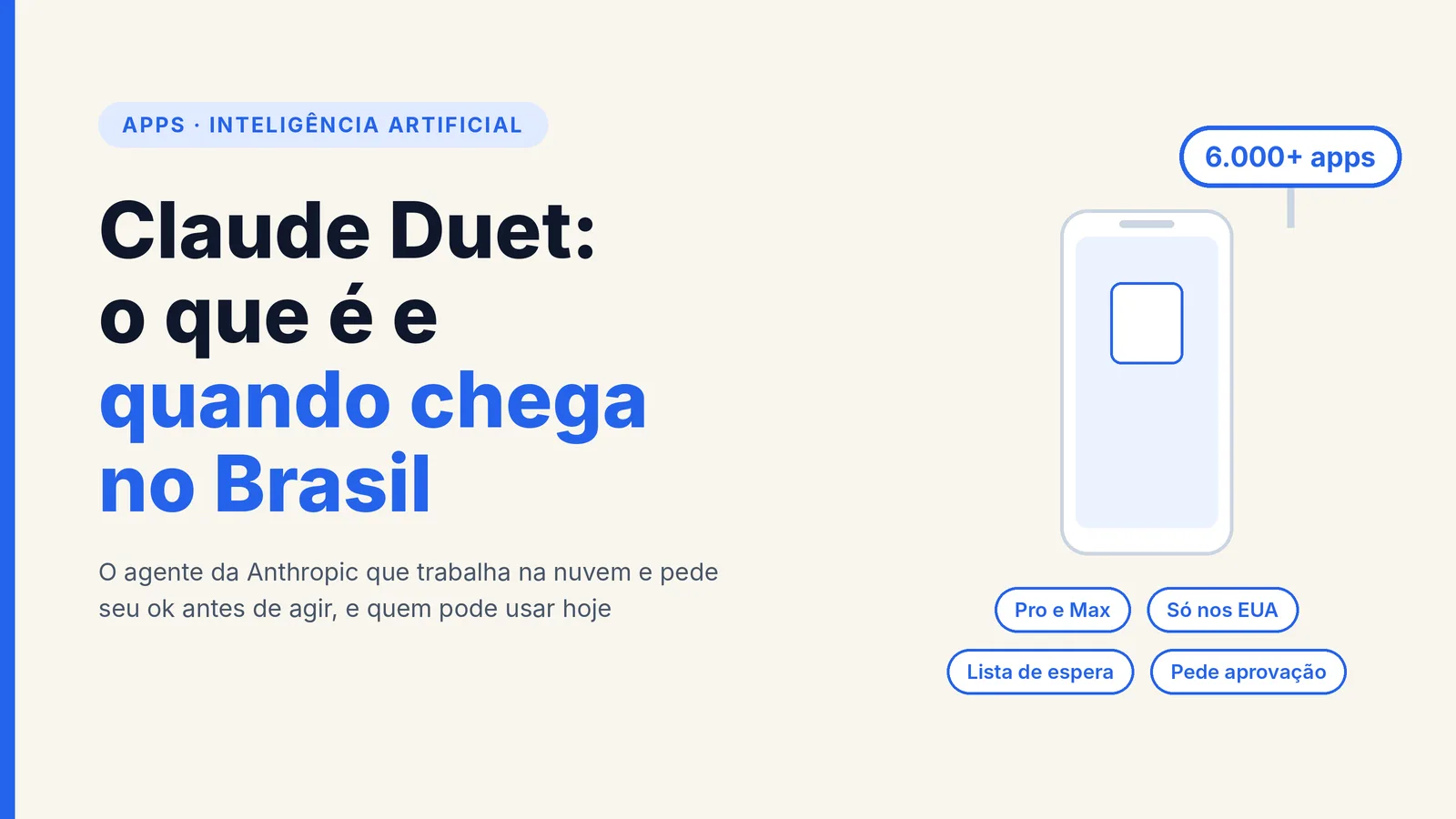 Capa com ilustração de celular e o texto Claude Duet: o que é e quando chega no Brasil, com os rótulos Pro e Max, Só nos EUA, Lista de espera e Pede aprovação e o balão 6.000+ apps