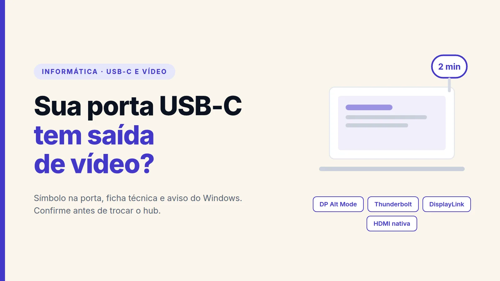 Capa com a chamada Sua porta USB-C tem saída de vídeo, com os rótulos DP Alt Mode, Thunderbolt, DisplayLink e HDMI nativa e o destaque 2 min