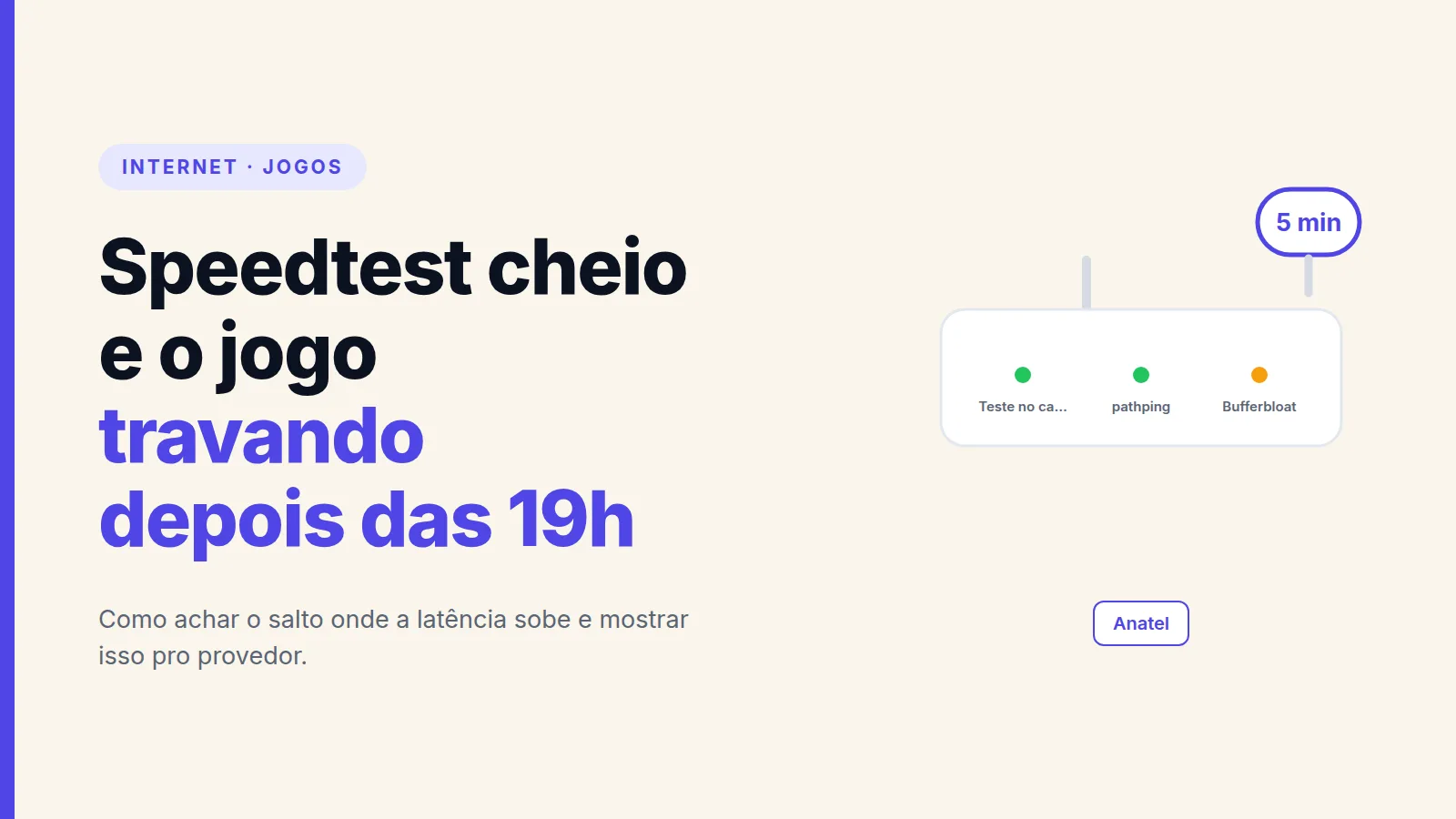 Capa com o texto Speedtest cheio e o jogo travando depois das 19h, com selo Internet e Jogos e o dado 5 min