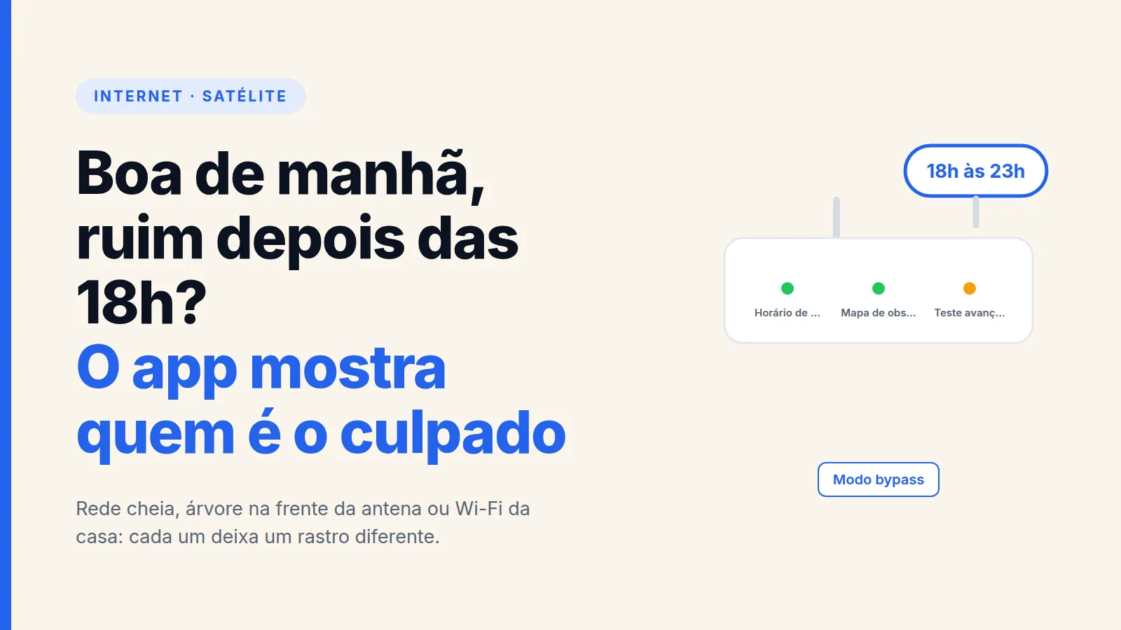 Capa com o texto: boa de manhã, ruim depois das 18h? O app mostra quem é o culpado pela Starlink lenta