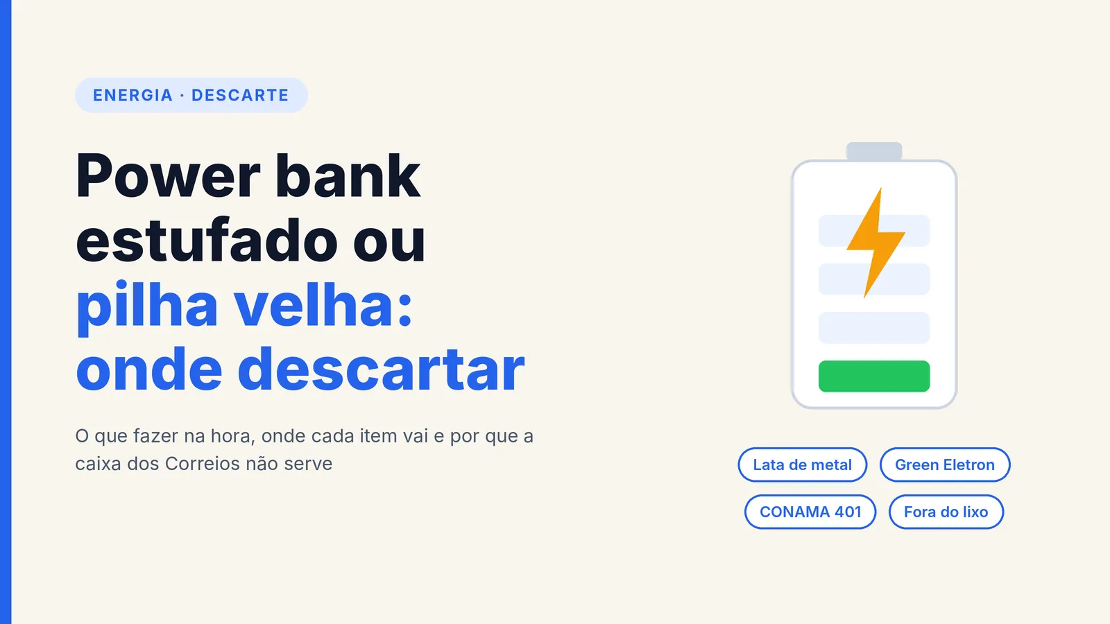 Capa com ilustração de bateria e o texto Power bank estufado ou pilha velha: onde descartar, com os rótulos Lata de metal, Green Eletron, CONAMA 401 e Fora do lixo