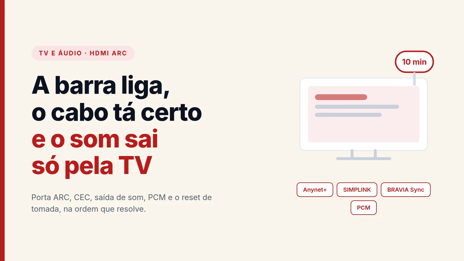 Capa com o texto A barra liga, o cabo tá certo e o som sai só pela TV, sobre soundbar sem som no HDMI ARC, com o destaque 10 min