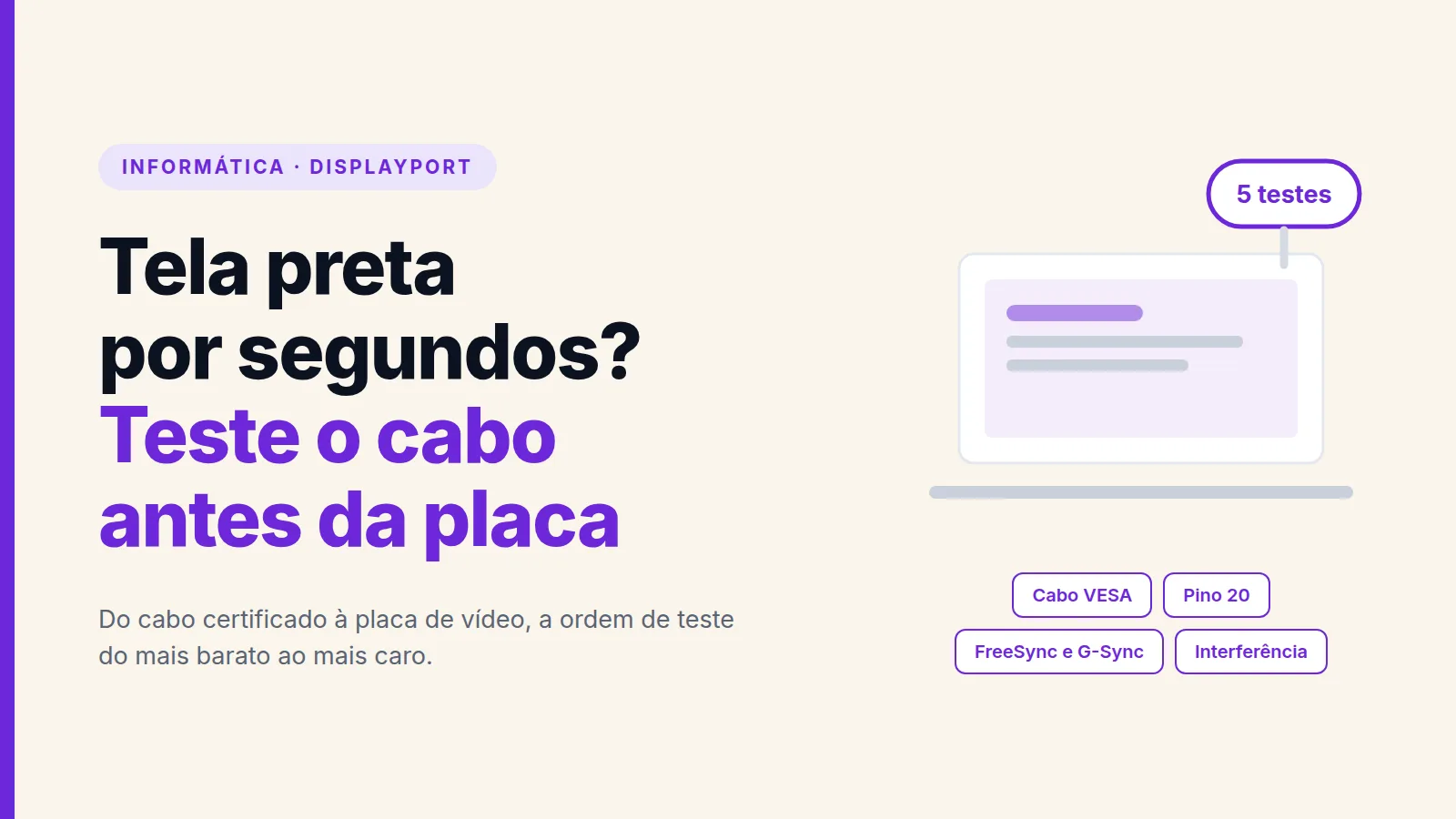 Capa com a chamada Tela preta por segundos, teste o cabo antes da placa, com os rótulos Cabo VESA, Pino 20, FreeSync e G-Sync e Interferência
