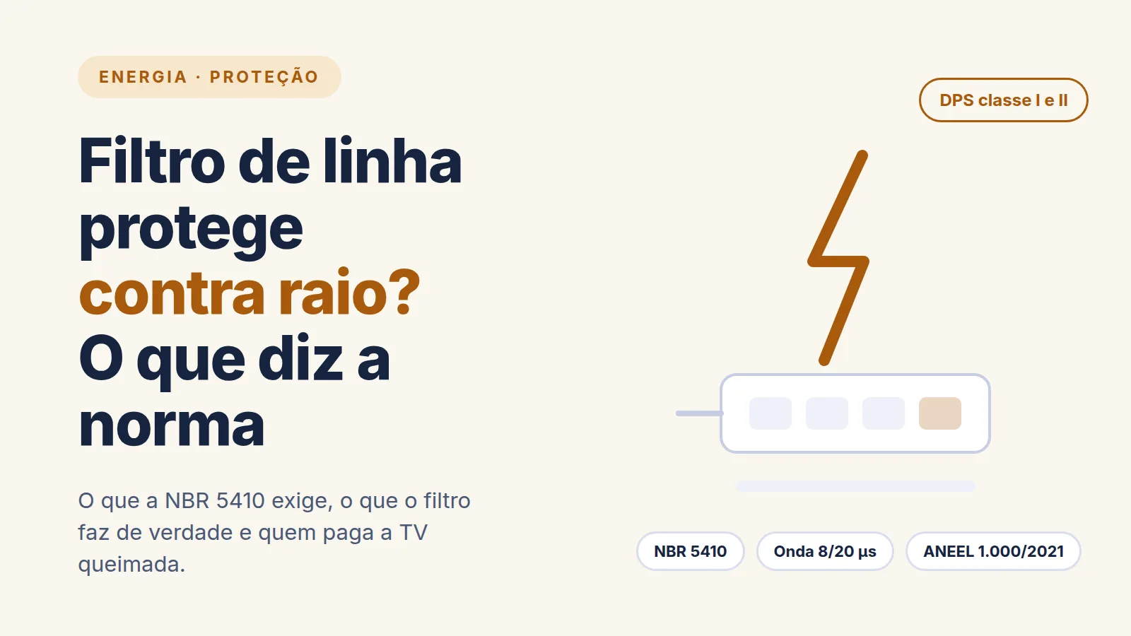 Ilustração de um raio atingindo um filtro de linha com tomadas
