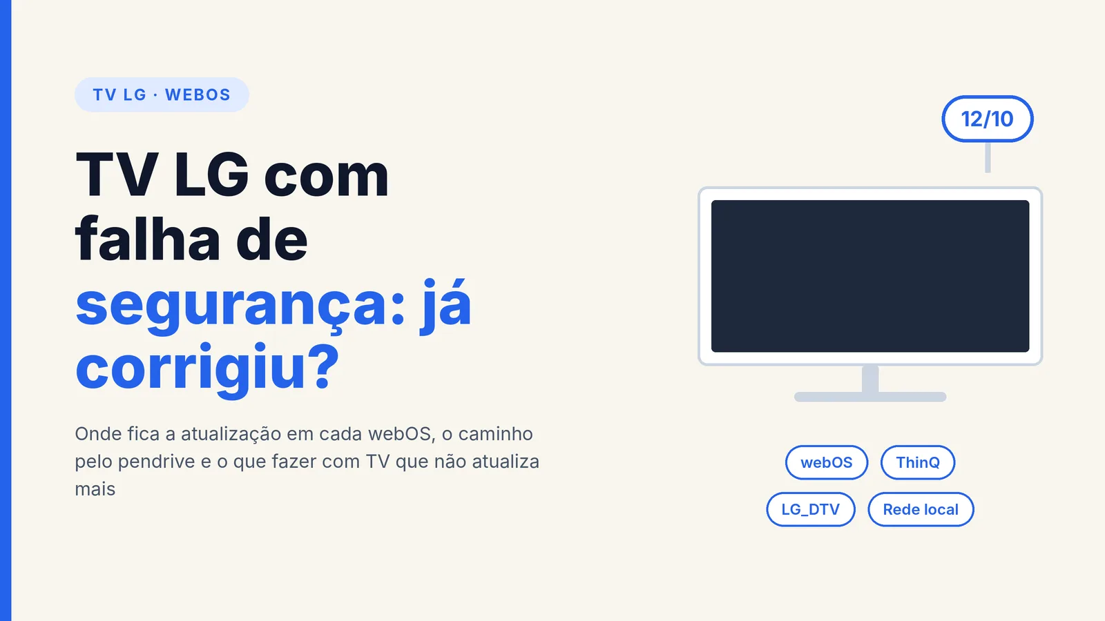 Capa com ilustração de TV e o texto TV LG com falha de segurança: já corrigiu?, com os rótulos webOS, ThinQ, LG_DTV e Rede local e o balão 12/10