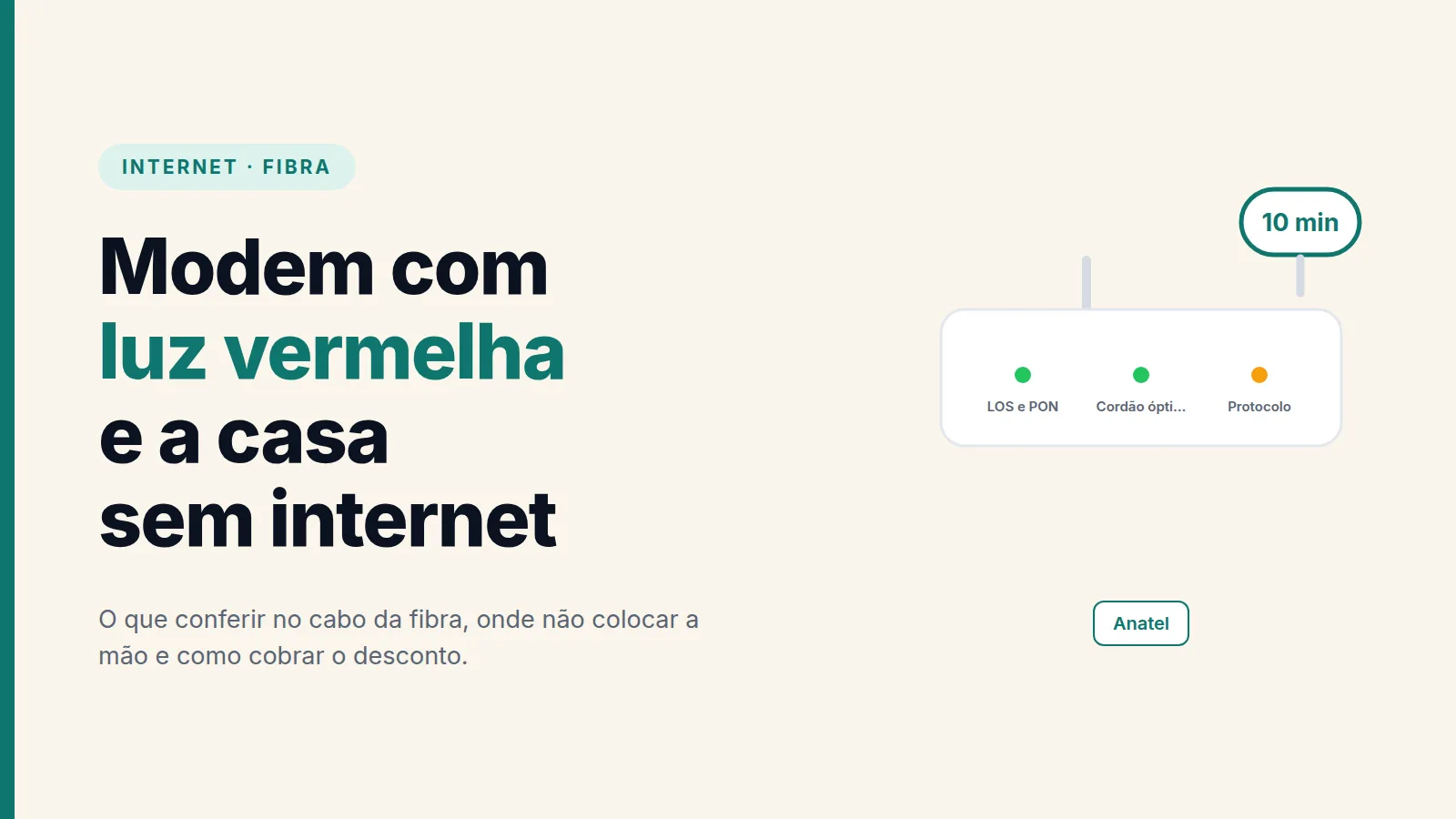 Capa com o texto Modem com luz vermelha e a casa sem internet, com selo Internet e Fibra e o dado 10 min